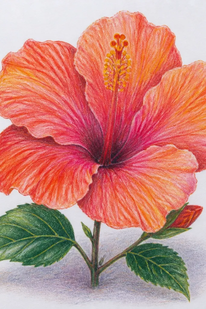 A coral and pink hibiscus with petals that fade from coral near the base to pale pink at the edges. There's a gentle shadow ellipse beneath the flower in warm mauve. The stamen is warm yellow with coral accents. Background is plain warm paper tone with no strong wash.