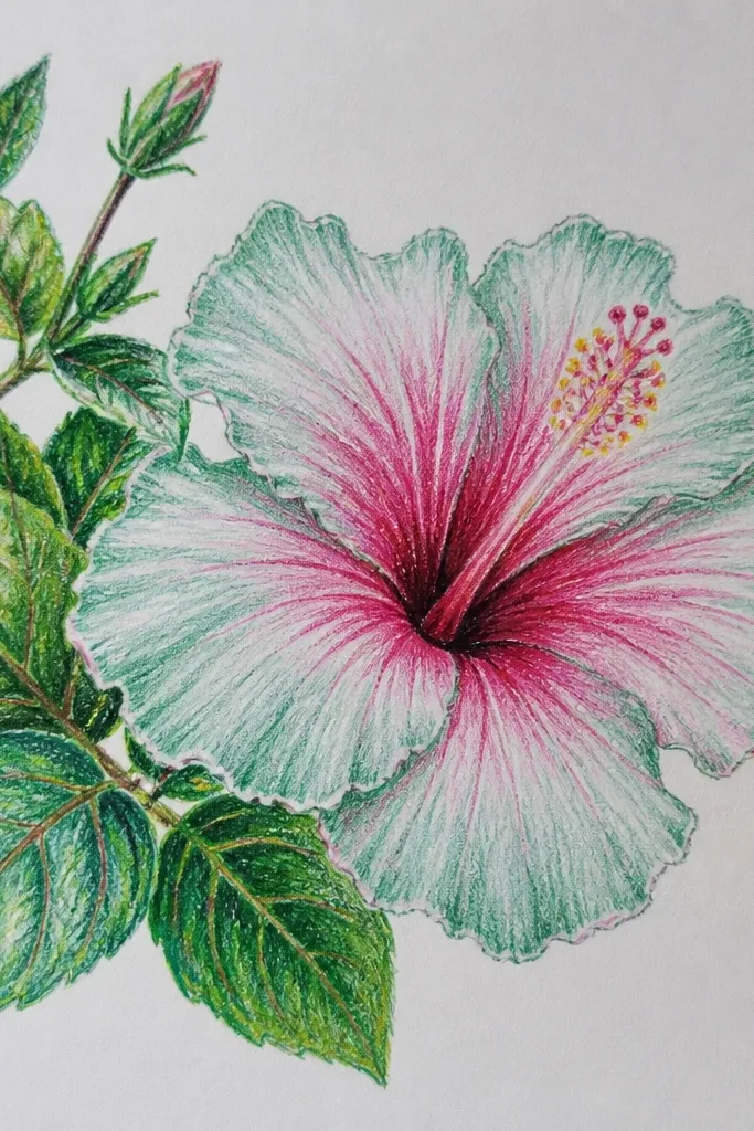 A pink hibiscus in the upper left corner, surrounded by a small cluster of mint leaves and tiny buds. Petals are pale pink with a slightly darker rose fold line. Background stays mostly white with faint green speckles behind the leaves.