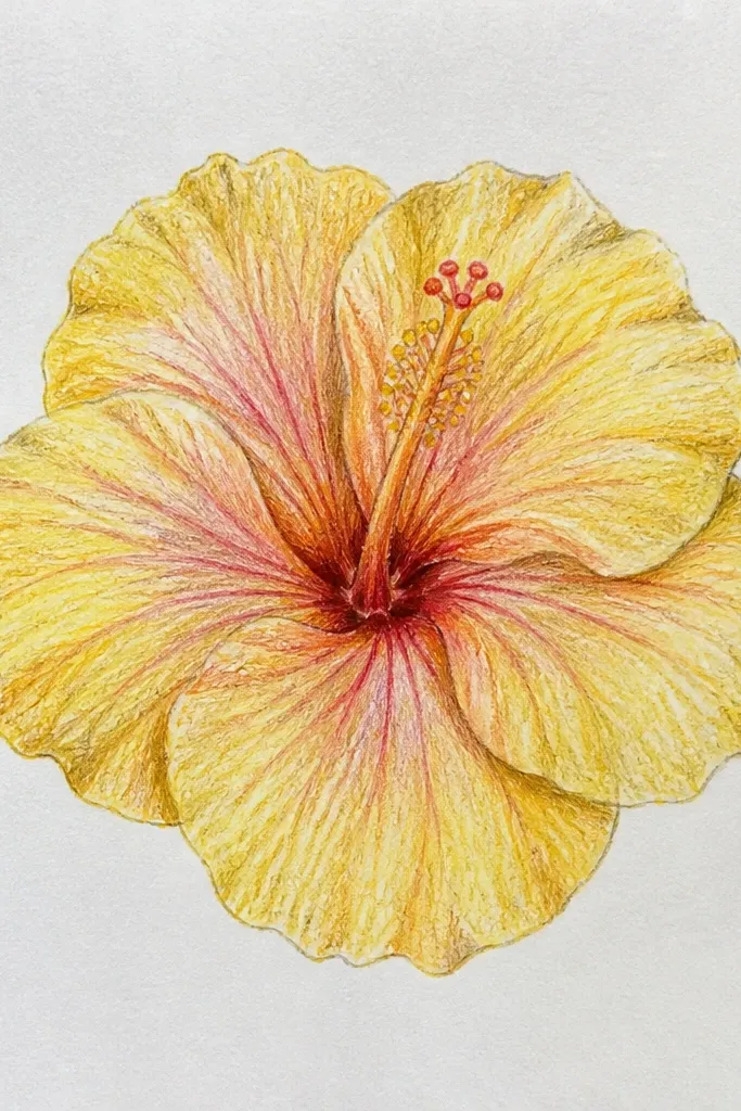 A butter-yellow hibiscus with soft blush-pink veins. Petals are pale yellow with a few thin pink lines that follow the crease directions. The stamen is white with a faint yellow tint. Background is warm off-white with a very subtle gray wash behind the flower.