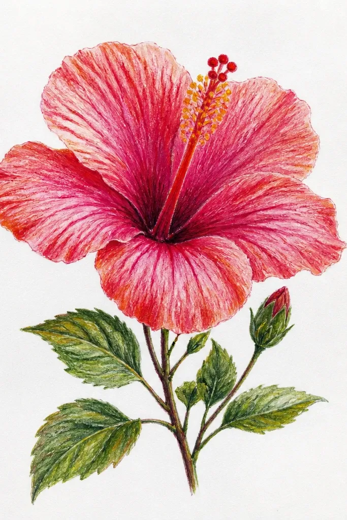 A rose-pink hibiscus with petals that have soft watercolor-like edges. The fold line is deeper magenta. The background is a pale wash, and the outer edges of petals look slightly feathered as if wet pigment is spreading.