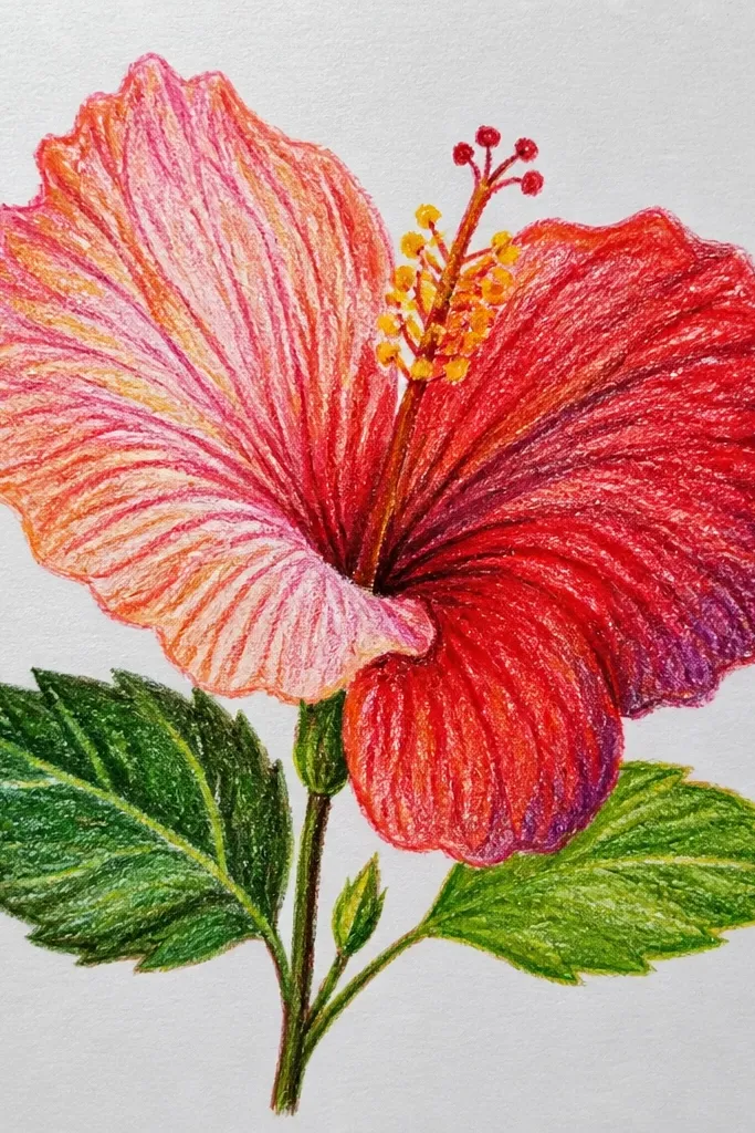 A close-up of two hibiscus petals filling most of the page. Petals are peach and coral with deep creases. The center seed pod is partially visible. Background is minimal, mostly plain paper with faint pastel smudges.