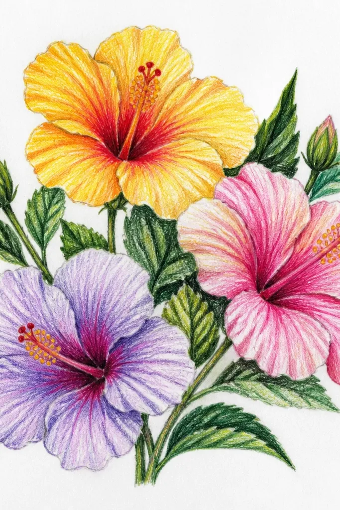 A small bouquet of three hibiscus flowers. One is pink, one is lavender, one is coral. Each flower has a soft pastel blend and visible petal folds. Stems are thin green lines that meet near the bottom, with a few small leaves.