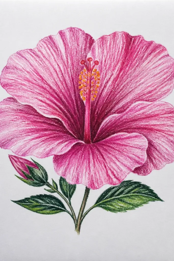 A monochrome pink hibiscus with lots of visible pastel texture. Petals range from pale blush to deeper fuchsia. The fold lines are darker and slightly grainy. Background is plain paper with a faint pink wash behind the flower.