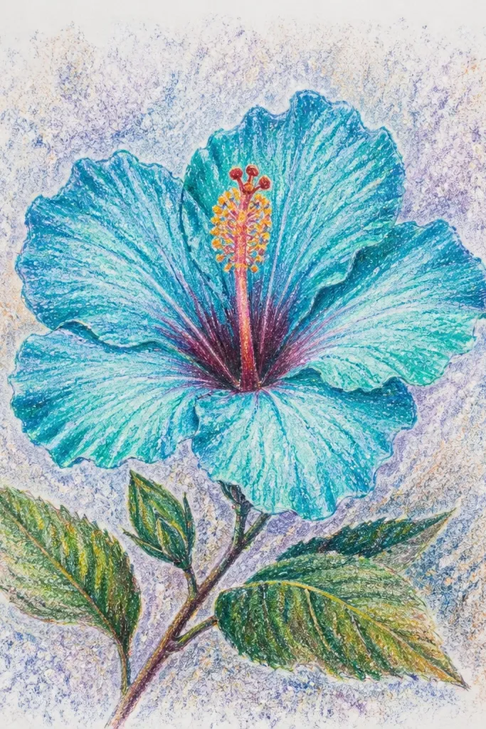 A turquoise hibiscus with teal-blue petals and a deeper blue fold line. The stamen is pale cream with turquoise dots. Background is mostly white with scattered tiny specks of light teal and a few larger faint blotches.
