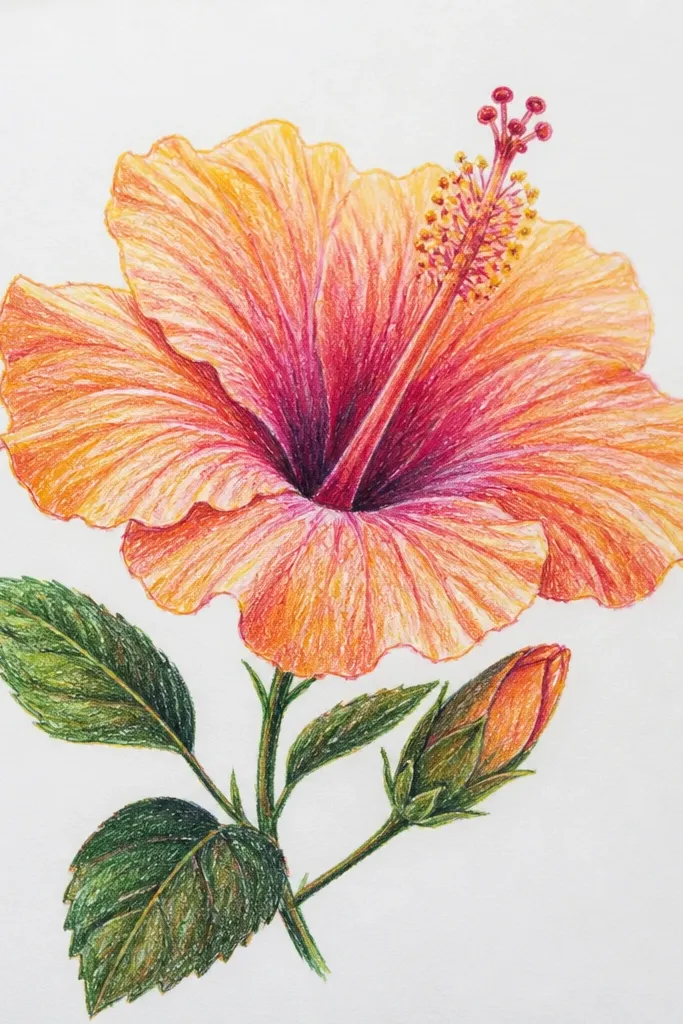 An apricot hibiscus with warm apricot petals fading to pale peach edges. The fold lines are soft brownish-orange. Stamen is creamy yellow. Highlights look slightly golden, especially on the top petal ridges. Background is warm beige with a light gradient.