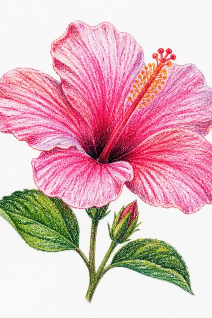 A pink hibiscus with crisp edges and lots of white space around it. Petals are pale pink with deeper rose folds. The stamen is cream with tiny pink dots. Background is mostly untouched paper, with only a faint shadow under the flower.