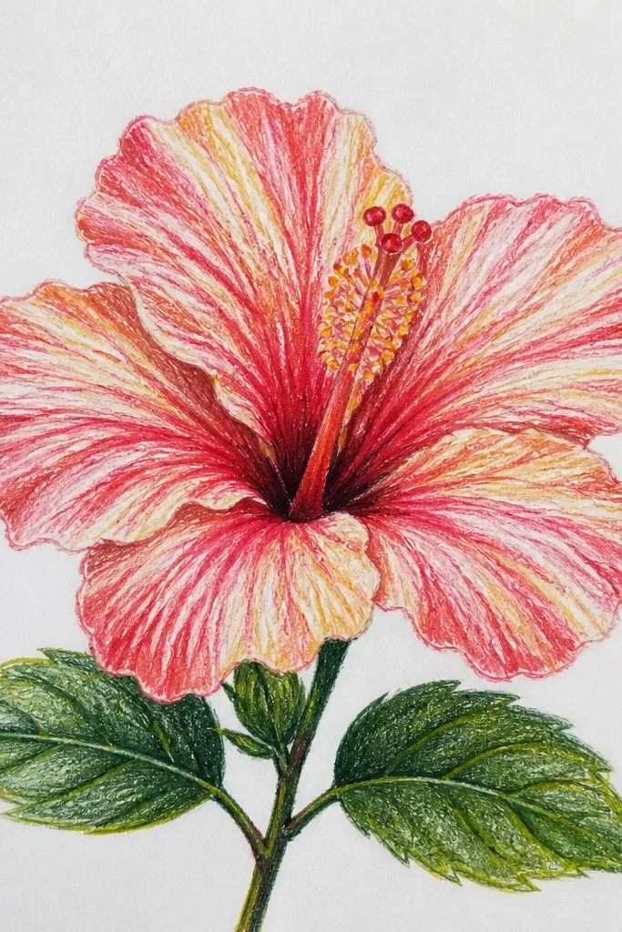 A hibiscus where each petal has alternating pastel stripes. Petals are light pink and pale lavender stripes, with deeper rose stripes near the fold. Stamen is cream with striped accents. Background is plain paper with faint pencil texture.