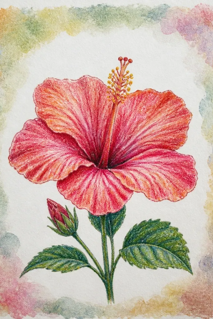 A hibiscus centered in the page, surrounded by a loose watercolor frame wash. The petals are soft pink with deeper rose folds. The stamen is cream with yellow tips. The frame is pale green and pale blue in a thin, irregular border around the flower.