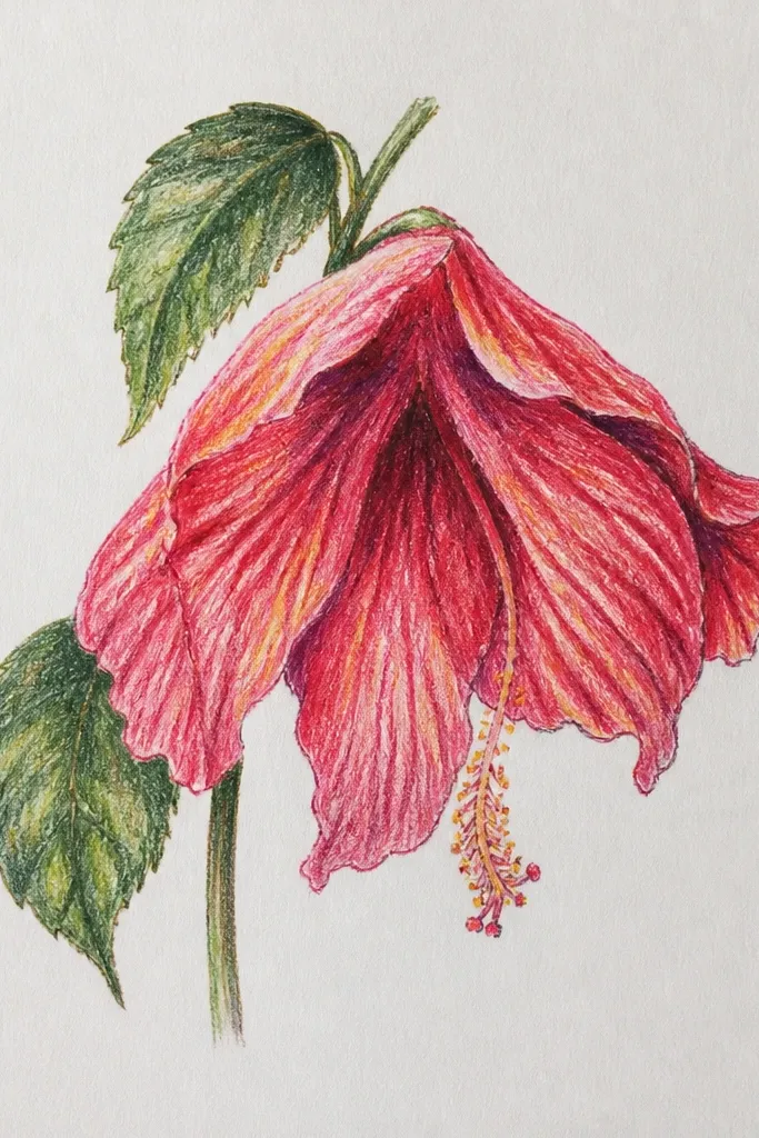 A hibiscus with slightly drooping petals, like it's relaxing. Petals are muted mauve and pale blush with deeper fold lines. The stamen is suggested with a few cream lines and tiny dots, not fully detailed. Background is a soft gray-beige wash.
