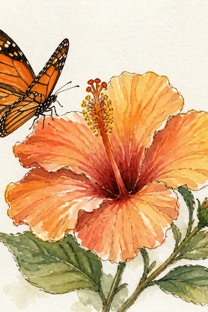 A vertical page shows a large hibiscus with layered pink petals outlined in dark ink. A monarch-style butterfly with orange wings and black lines glides from left to right near the top third. The center of the hibiscus is warm yellow with tiny dot texture, and the background has a soft sunrise gradient from peach to pale blue.
