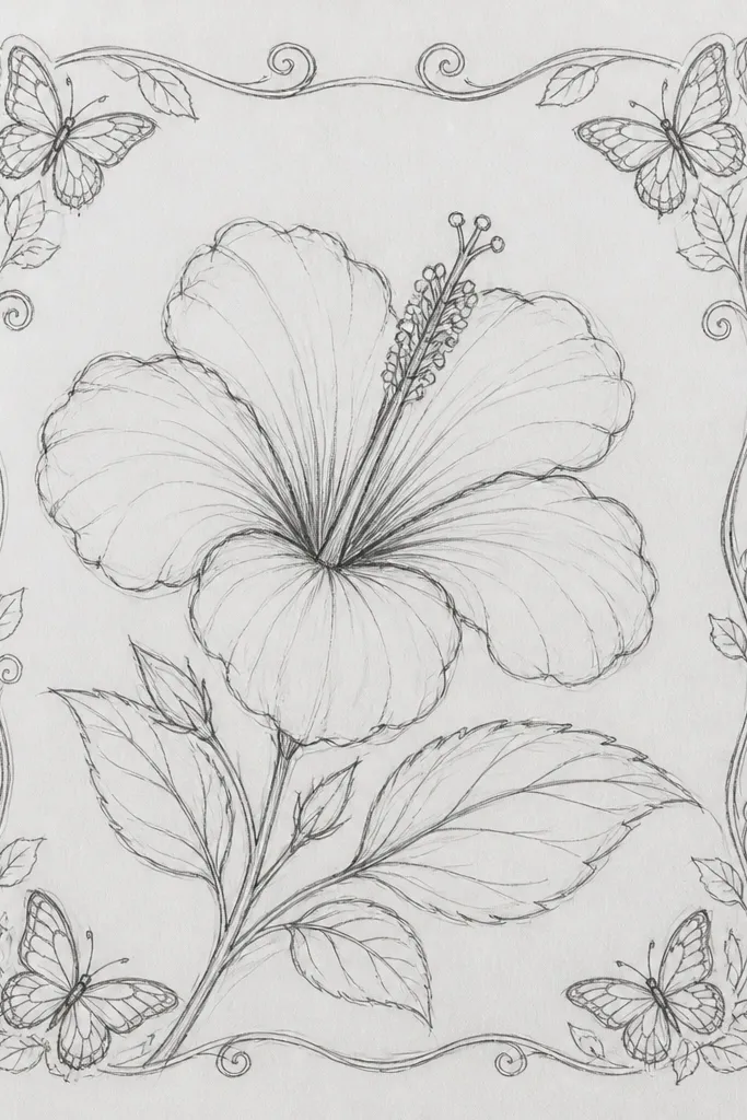 A square drawing shows a hibiscus flower in the center with three small butterflies tucked into each corner. The background is pale mint with faint speckles. The hibiscus has deep magenta petals with lighter pink folds, and the center has yellow-orange stamens drawn as tiny lines.
