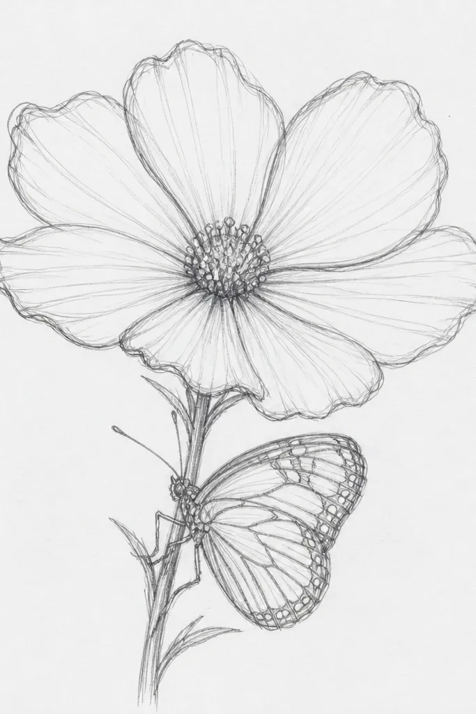 A close-up illustration shows one oversized hibiscus petal dominating the page, with the stem curling in from the bottom. A small butterfly lands near the stem bend, wings partially open. The petal has layered pink gradients and a darker pink vein line, while the background is mostly white with a few light pencil texture marks.