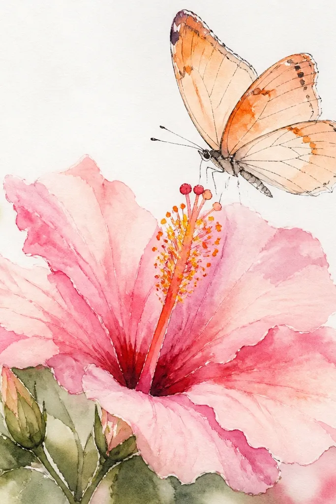 A watercolor-style piece shows hibiscus petals in watery pinks with soft edges and visible pigment blooms. A butterfly sits above the flower, drawn with light ink lines and pale orange washes so it looks slightly translucent. The center stamens are yellow-orange with a wet-on-wet dot effect.