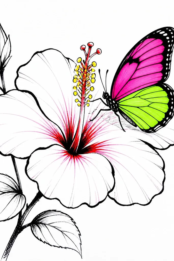 A high-contrast drawing shows a hibiscus outlined in bold black ink with minimal pink fill, mostly white space. The butterfly is colored in neon green and neon pink with thin black vein lines. The hibiscus center has yellow dots and a few red ink strokes for depth.