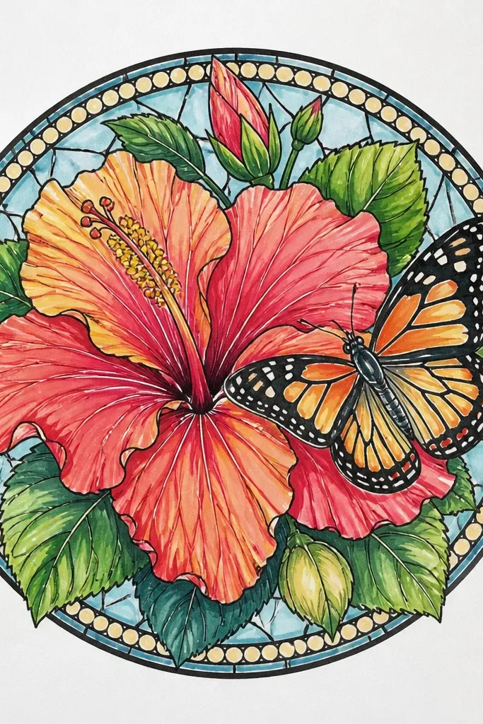 A circular composition shows the hibiscus at the center with a butterfly hovering just above it. Around them, there are repeating petal and leaf motifs in a ring, colored in soft pink, green, and pale yellow. The lines are fine and symmetrical, with the hibiscus petals slightly asymmetrical for realism.