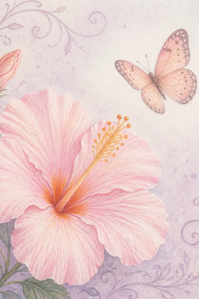 A soft pastel drawing shows a hibiscus with pale pink petals and a warm yellow center. A butterfly hovers above, wings colored in light peach with tiny dots. Curving doodle vines wrap around the edges, and the background has faint lavender speckles.