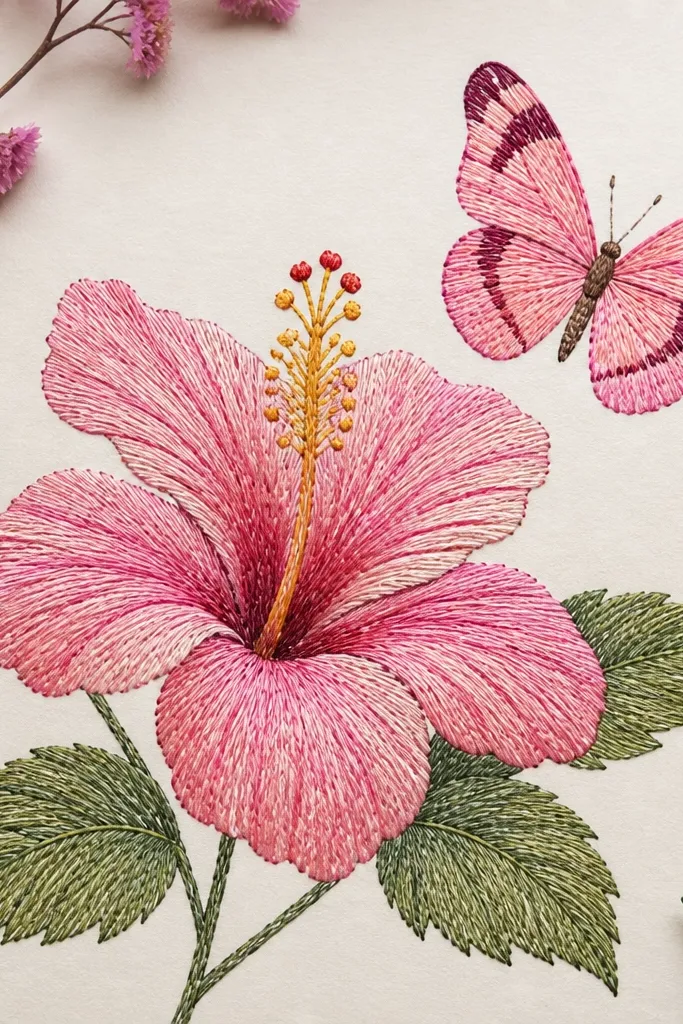A pen-and-marker drawing mimics embroidery. The hibiscus petals are filled with tight curved stitch lines in pink and rose shades. A butterfly above it is drawn with satin-stitch-like strokes, with small darker bands on the wings. The center has yellow stitches and tiny dot pollen marks.