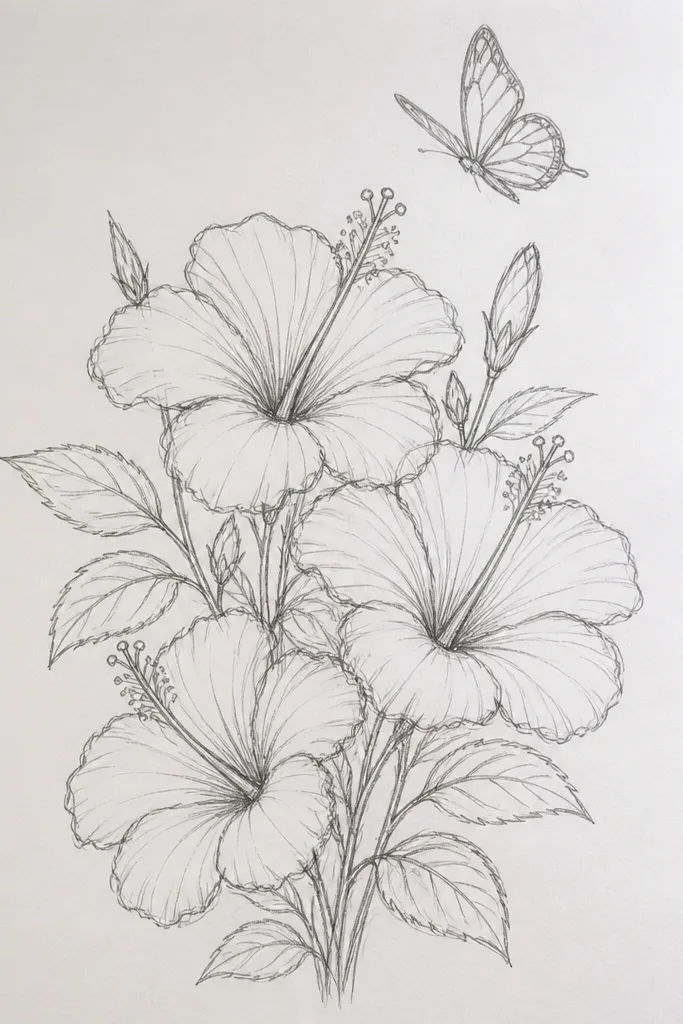 A bouquet illustration shows three hibiscus blooms at different heights, with petals in pink gradients and yellow centers. A butterfly hovers above the highest flower, wings angled toward the viewer. The background is a clean white with light gray shadow under each bloom.