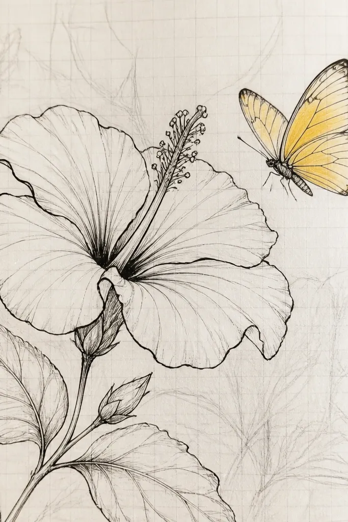 A botanical-style page shows a hibiscus drawn with delicate ink lines and a few bold contour strokes. The butterfly is drawn in fine black lines with minimal color - just a warm yellow wash on the wings. The background has visible light graphite sketch marks and a faint grid-like paper texture.