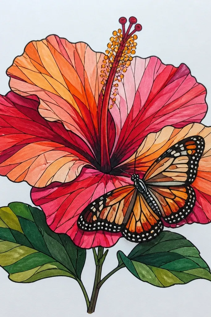 A mixed-media look shows hibiscus petals made from layered colored paper shapes, each petal outlined with black ink. A butterfly is drawn on a thin translucent sheet placed over part of the hibiscus. The center has textured yellow paper stamens, and the background is a solid off-white.