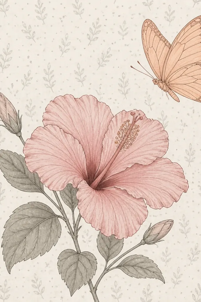 The background is filled with small repeating patterns like tiny dots and faint leaves in light gray. A hibiscus in the center is colored in muted pink with careful outlines. The butterfly is drawn in clean line art with a single peach wash, standing out because it's less patterned than the background.