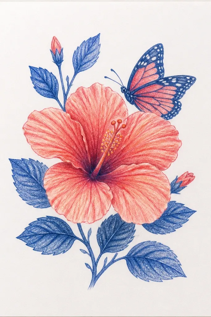 A dark indigo background fills the page. A hibiscus in coral-pink petals is drawn with glowing yellow stamens. A butterfly with coral wings and deep indigo shadowing hovers near the top. Highlights are added with white gel pen on petal edges and butterfly wing tips.