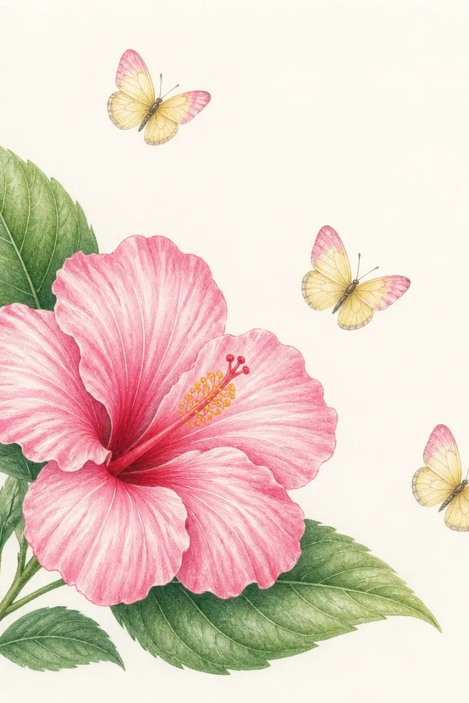 A small card-sized drawing shows one hibiscus at center-left with large leaves behind it. Three tiny butterflies are placed in a diagonal line from lower right to upper left. The hibiscus petals are pink with lighter highlights, and the butterflies are pale yellow with faint pink wing tips.