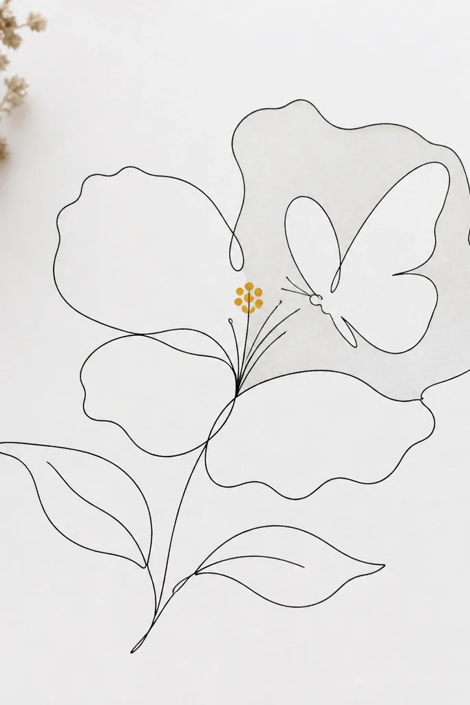 A clean white page shows a monoline hibiscus outline drawn with a single thin black line. The butterfly is created mostly by leaving white space within a lightly shaded wing shape. The center has a small yellow dot cluster and a few thin stamens.