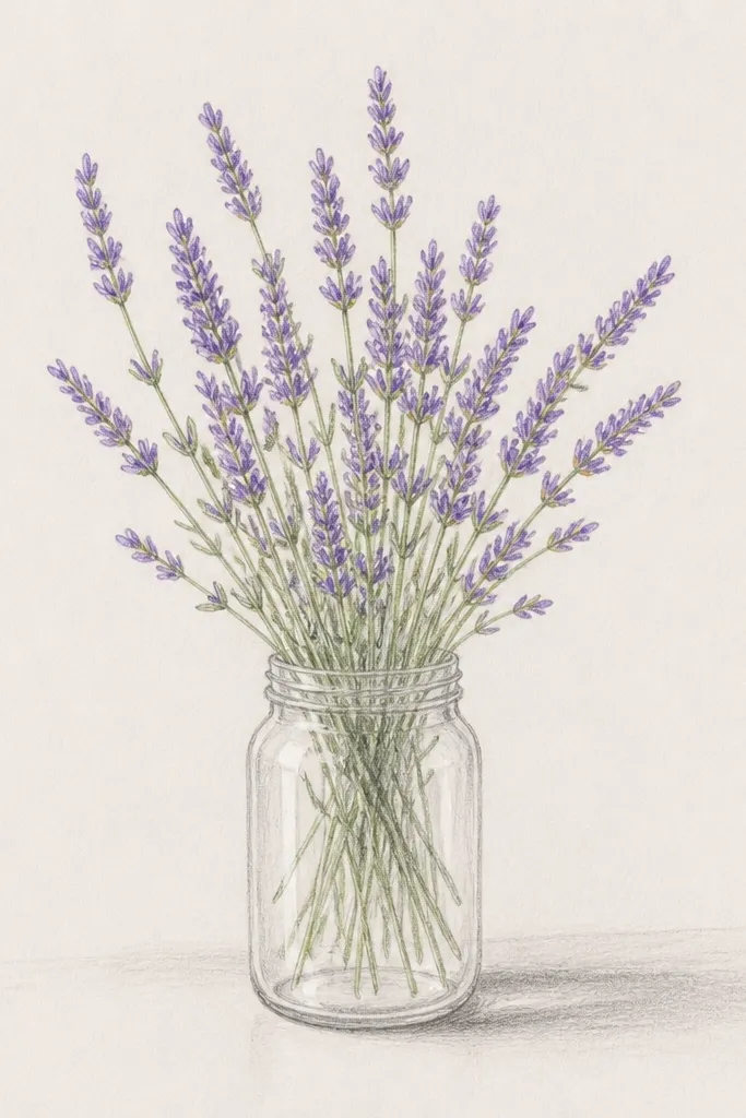 A hand-drawn bouquet in a simple glass jar. The jar is outlined in thin pencil lines, with a few highlights left blank. Lavender sprigs rise upward as small violet-purple spikes made of repeated short strokes, with pale green stems and a few tiny leaves.