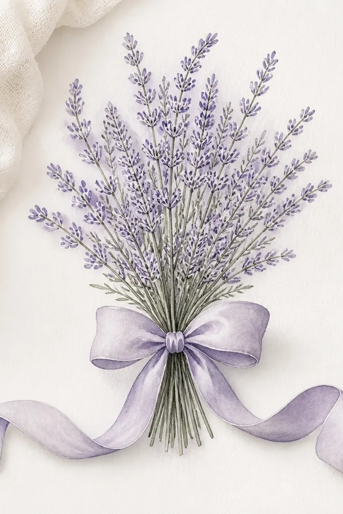 A bouquet tied with a large ribbon bow. The lavender heads are small clusters made from short angled dashes, and the ribbon has two long tails that curl outward. The drawing includes a tight knot at the center and a light wash of pale purple on the flowers.