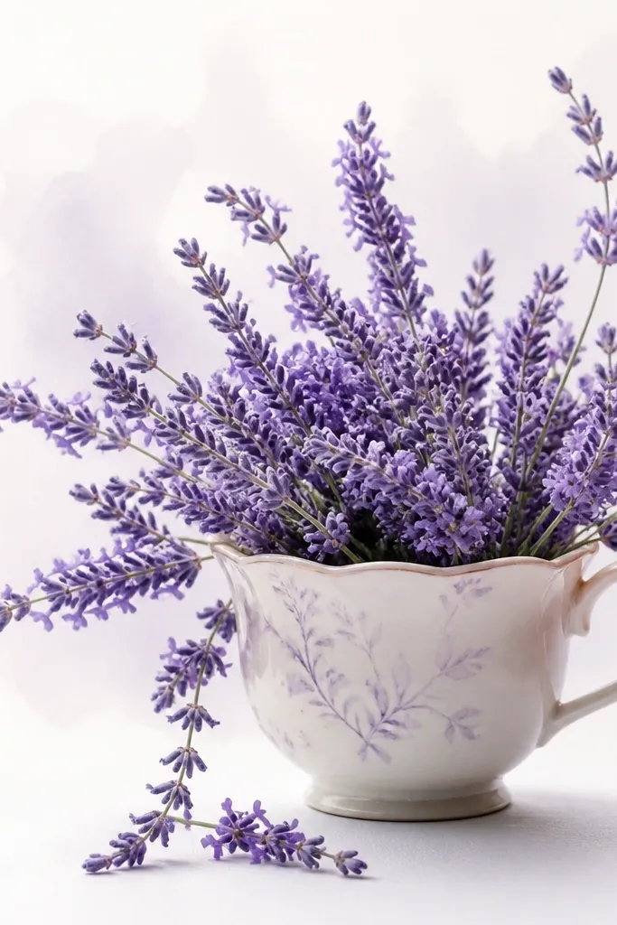 A teacup with a slightly scalloped rim filled with lavender stems. The cup has a faint pattern on the side, and the lavender is drawn with airy clusters and a few trailing sprigs. The background is left mostly blank with a soft wash behind the cup.