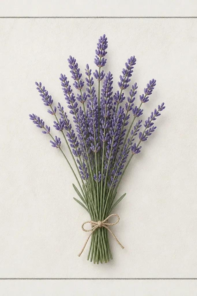 A square border around a centered lavender bouquet. The flowers are purple dashes and short ovals, and only a few leaves appear near the stems. The background stays clean, with a faint pencil texture inside the frame.