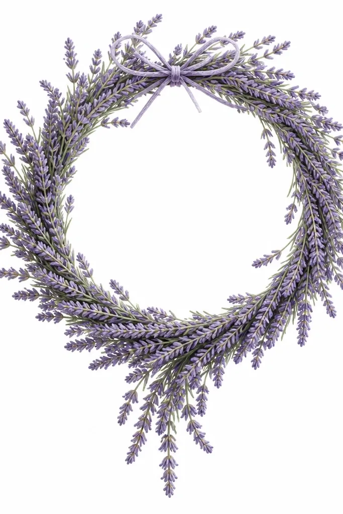 A lavender wreath drawn in a circle with a few sprigs hanging down on the bottom. The wreath has small purple clusters and thin green stems, with a subtle bow at the top. The background is plain white.