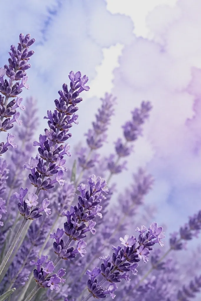 A lavender bouquet in the foreground with a soft watercolor wash background in pale blue and lilac. The flowers are outlined lightly and filled with gentle purple gradients. The stems fade toward the back, creating depth.