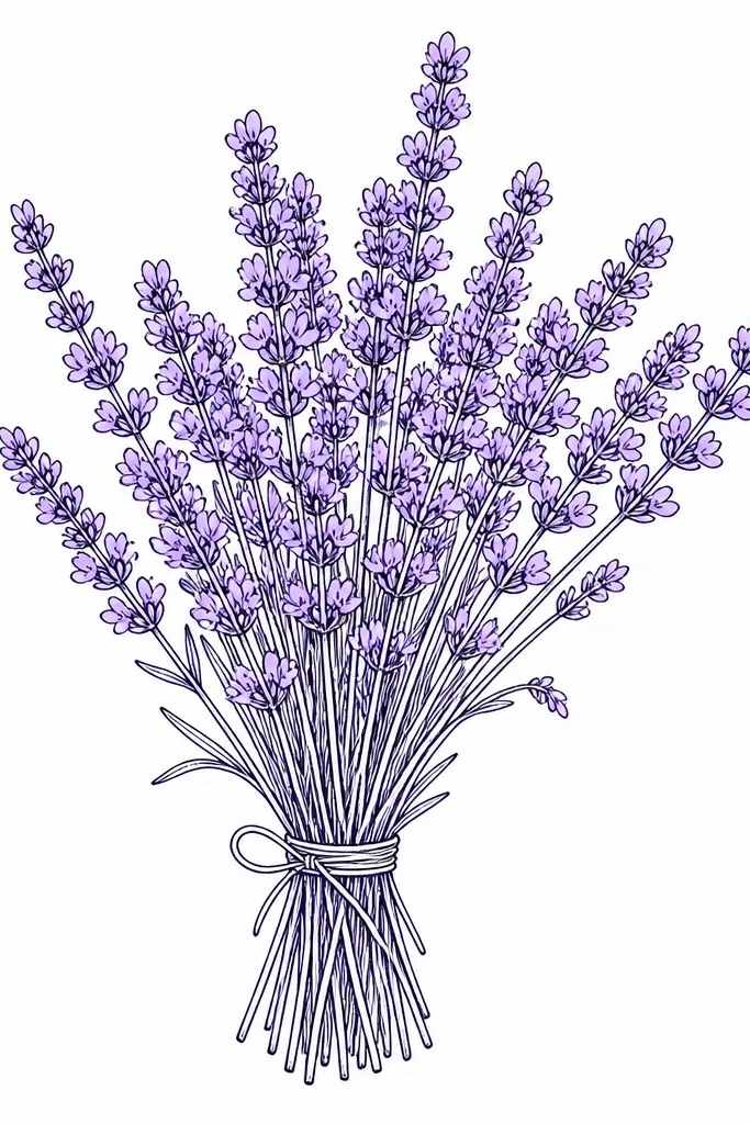 A crisp ink drawing of a lavender bouquet. The stems and flower heads are outlined with fine black ink, then filled with one light violet tone. The background is blank with a few pencil construction marks erased.