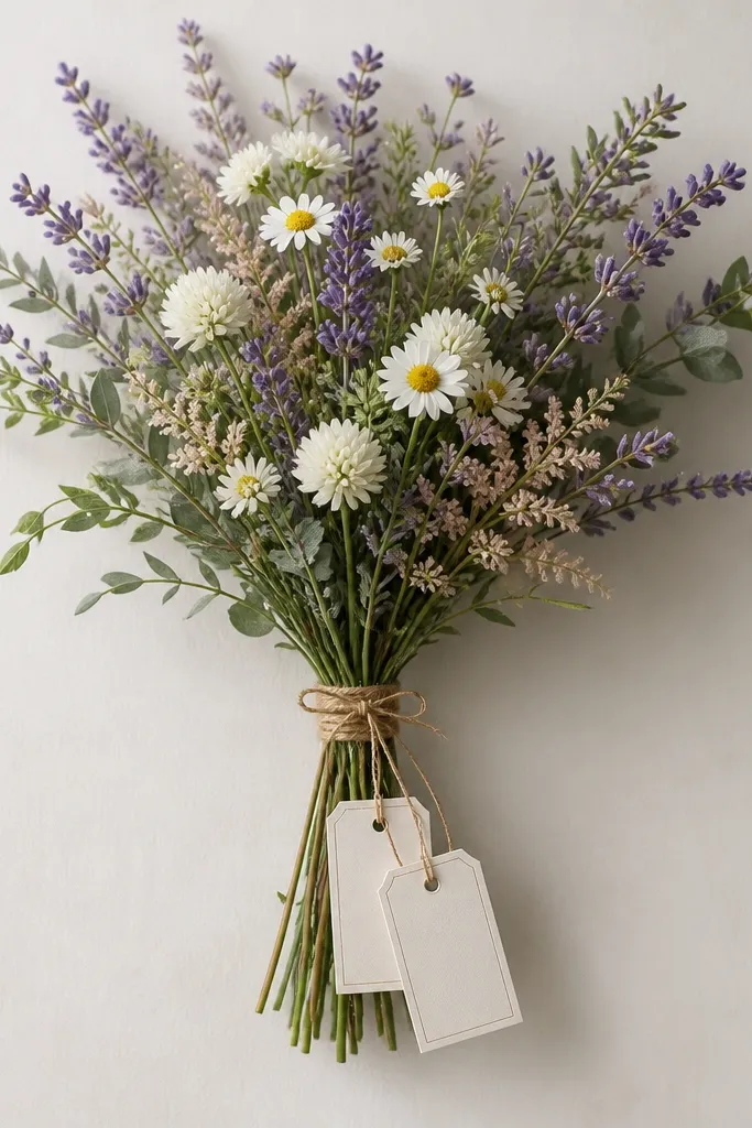 A bouquet with two small hanging paper tags attached with string. The lavender clusters are drawn as short dashes, and the tags have simple blank rectangles with tiny string lines. The bouquet sits above the tags, with stems curving down slightly.