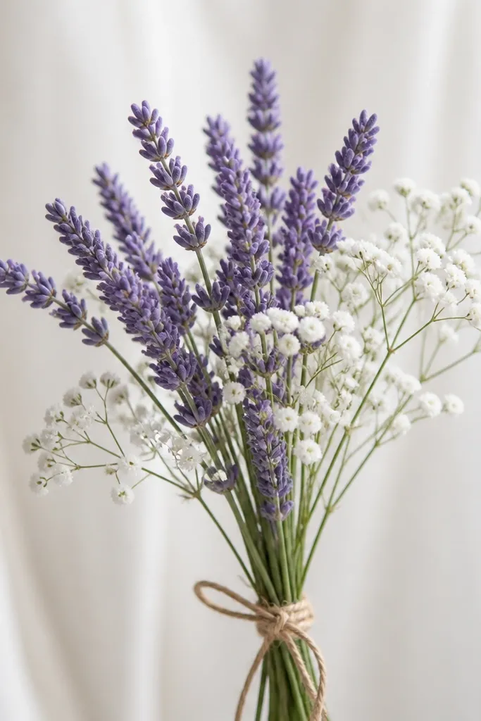 A small bouquet with lavender spikes and tiny white flower dots resembling baby's breath. The lavender is purple and the tiny flowers are left mostly white with a faint gray outline. The stems are thin and slightly curved.