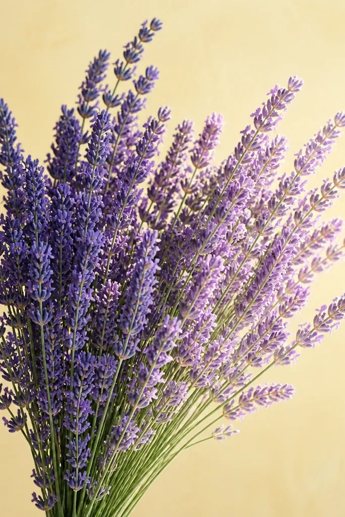 A lavender bouquet where the right side is lighter and the left side is slightly darker. The stems curve upward, and the flower clusters show directional shading. The background is pale yellow-warm wash.