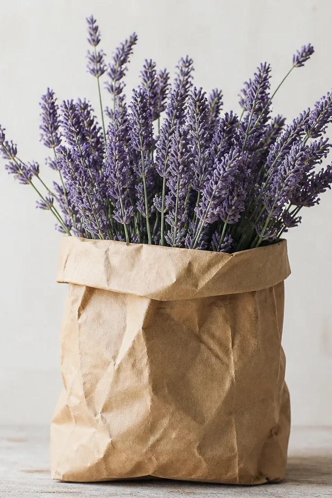 Lavender stems poking out of a crumpled paper bag. The bag has creases and a folded top, with a light brown wash and darker lines in the folds. Lavender clusters are drawn above the bag opening with pale violet and green stems.