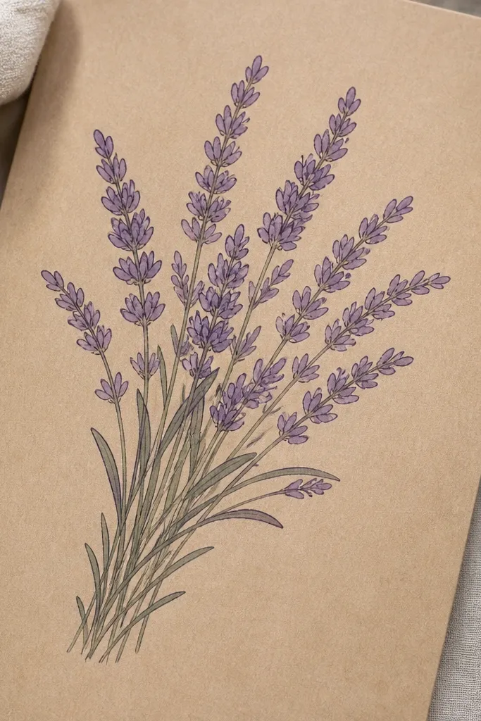A lavender bouquet drawn in one monochrome purple tone on brown kraft paper. The flower heads are outlined with a darker violet and filled lightly. Stems and leaves are a muted gray-green, and the negative space is kept crisp.