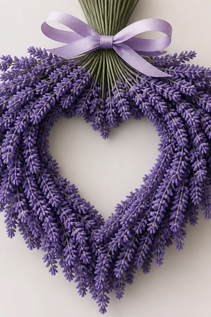 A bouquet where a heart shape is formed by negative space inside the cluster area. Lavender stems and flower heads frame the heart, with purple shading around it. A simple ribbon or bow sits at the top, and the heart remains the paper color.