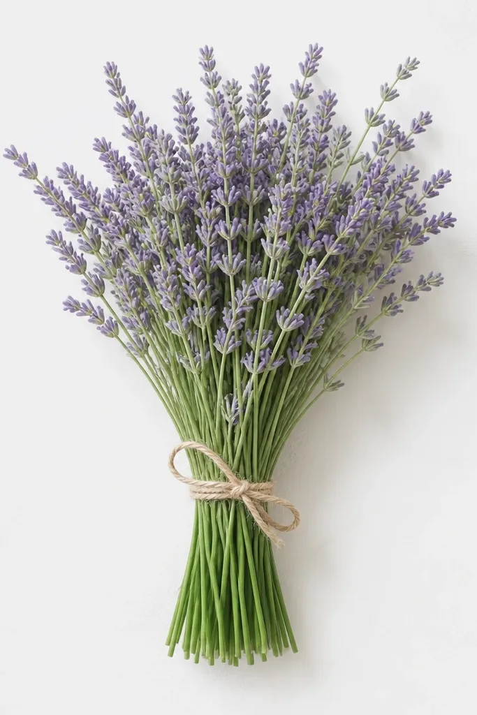 A bouquet where the stems fade from deeper green near the base to lighter green near the tips. Lavender flower heads are small and softly shaded, and the background is plain white with faint pencil marks.