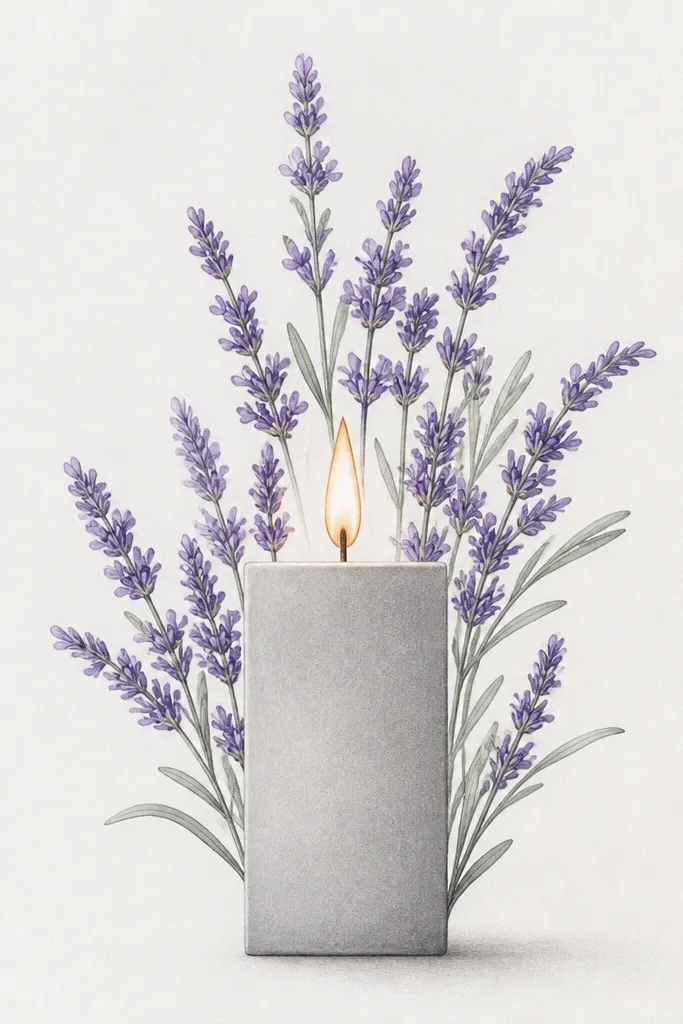 A lavender bouquet drawn beside a simple candle silhouette. The candle is a tall rectangle with a flame shape, and lavender sprigs rise from behind the candle. The lavender is purple with soft shading, while the candle is mostly gray with a warm flame outline.