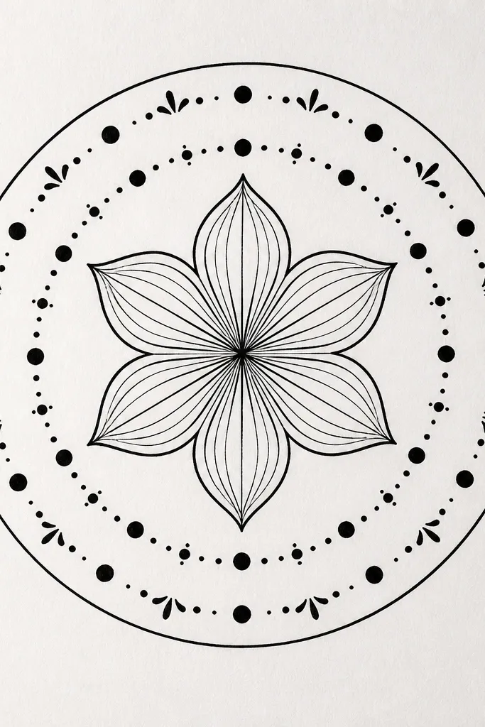 A black-and-white mandala on white paper: a small lotus at the center with six rounded petals, each petal outlined and filled with short curved lines. Two concentric rings surround it, filled with evenly spaced dot clusters. The outer edge has a thin circle and a few short leaf strokes between dots.