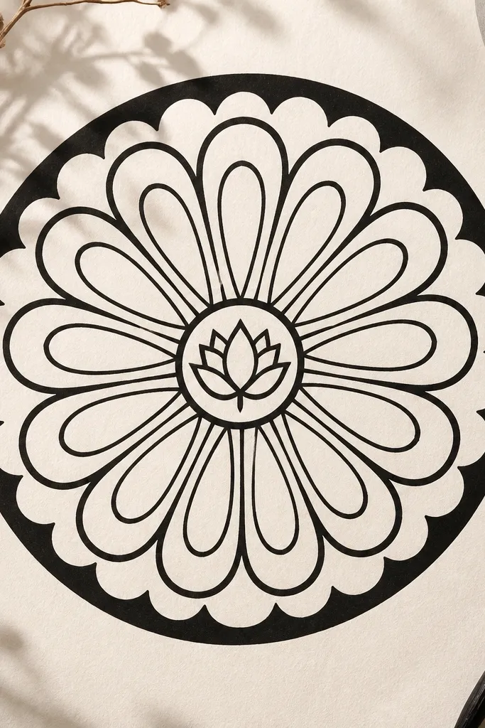 A bold black ink mandala: teardrop-shaped petals radiate from the center like a flower wheel. The center has a small lotus bud, then each petal has a curved inner line. The outermost ring is a thick, smooth halo circle with small scallops cut into it.