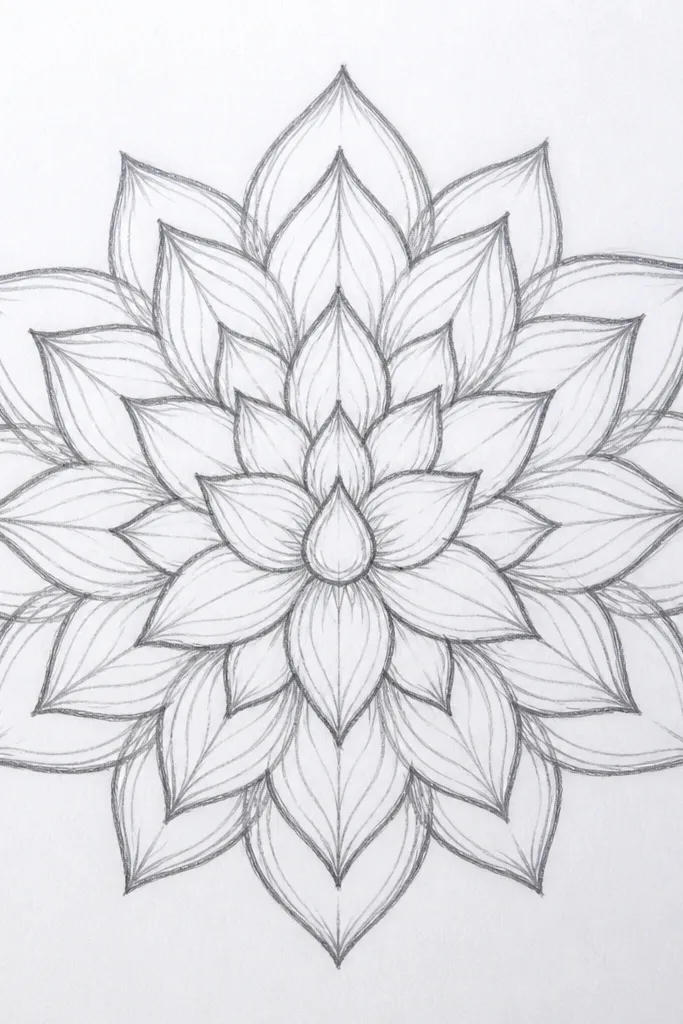A layered lotus mandala with multiple petal rings. Each petal has a feather-like shadow made from short, angled strokes that fade toward the petal tip. The center is darker with denser lines, and the outer ring has thin vine curves.