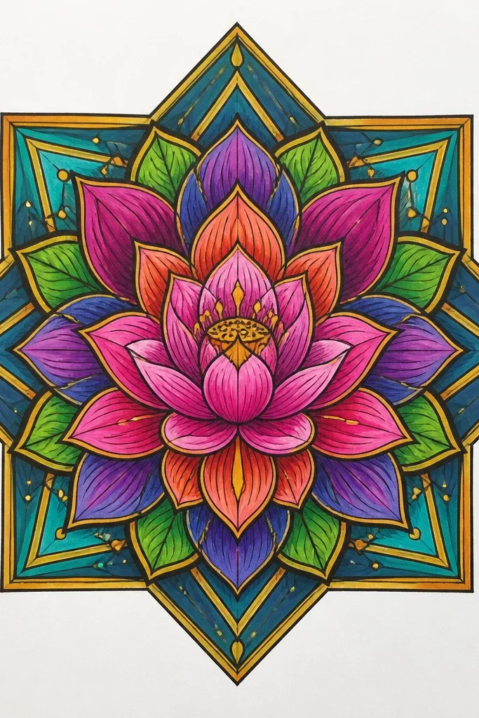 A mandala where the lotus sits inside a star-shaped frame. The star points touch an outer circular border. The lotus petals are rounded and outlined, and between them are small diamond shapes and thin lines that form a web.