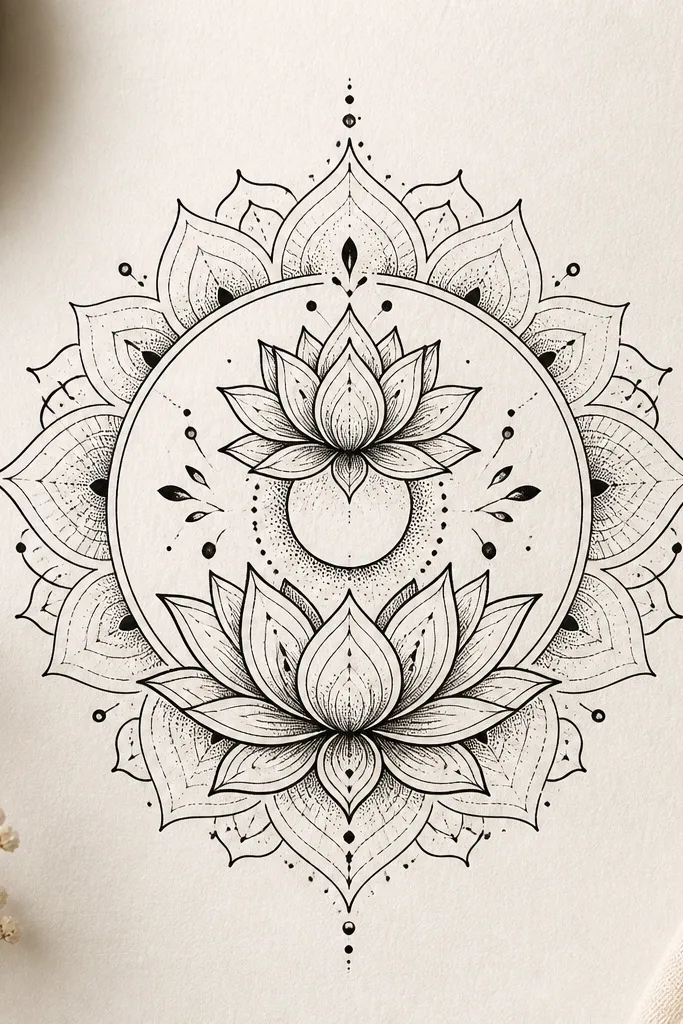 A mandala with two lotus blooms stacked vertically in the center, one slightly smaller above the other. The center has a crescent moon shape carved by negative space. Around it are curved petals and small dot accents, all in black ink.