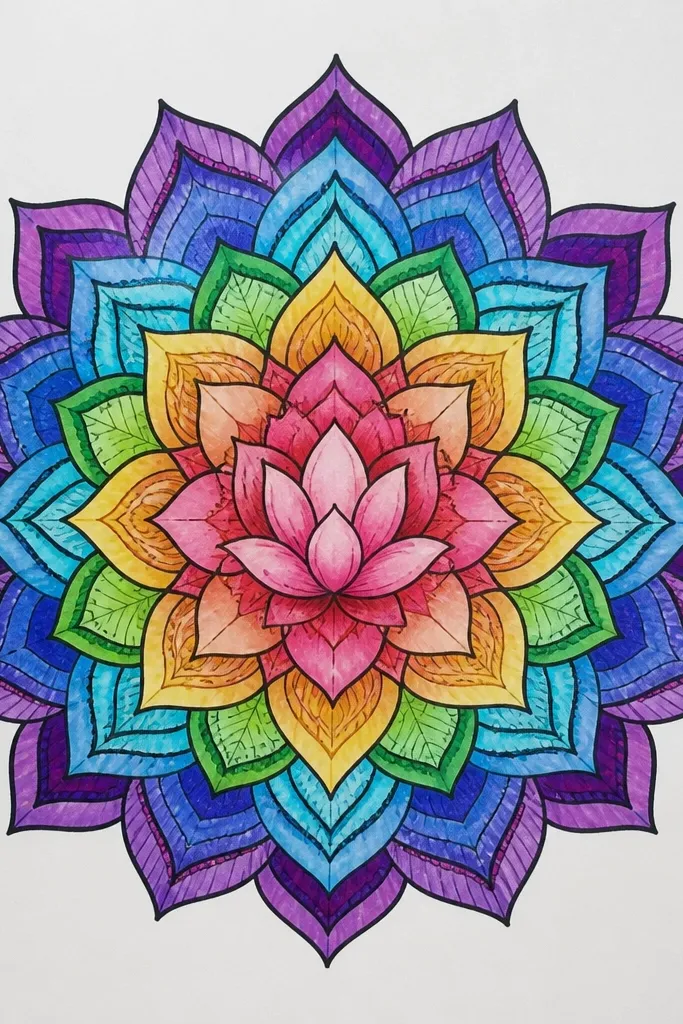 A mandala made of repeating petal waves in rings. Each ring has petal tips that point outward and inward like ripples. The lines alternate thickness, and the center has a small lotus bud with a spiral-like swirl.