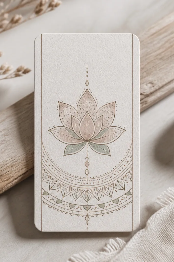 A small mandala on a tag-sized rectangle. The lotus sits slightly above center with 6 petals, and a thin border line runs along both sides. The outer ring becomes a semicircle arc that fits the tag shape.